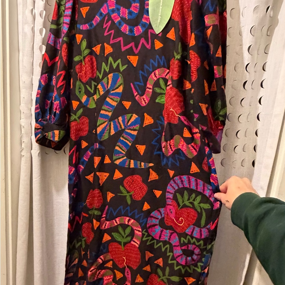 FARM Rio Black Midi Dress with Multicolor Snake & Apple Print